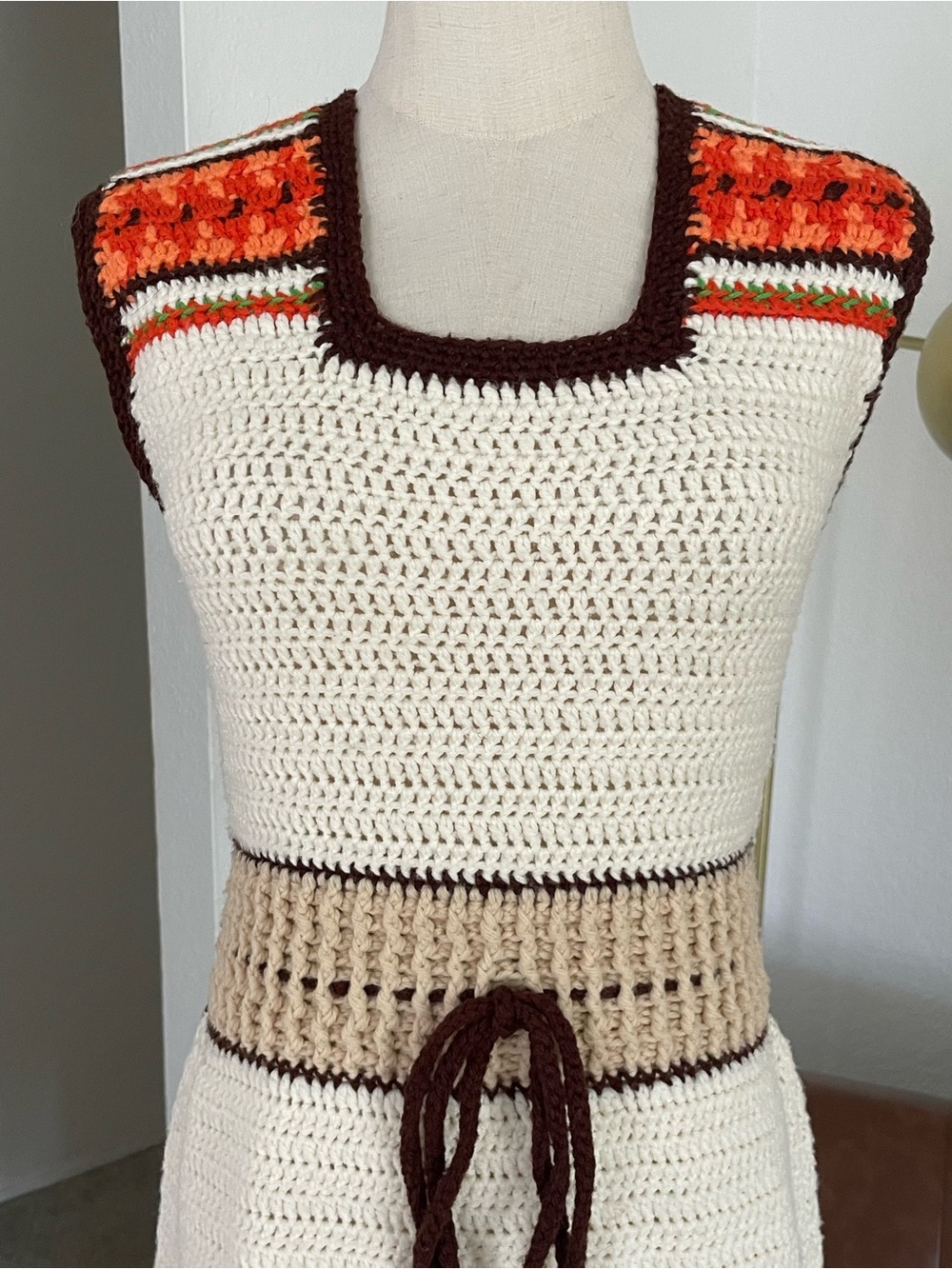 Vintage 1970s Boho Hippie Knit Crochet Dress - Picture 5 of 7